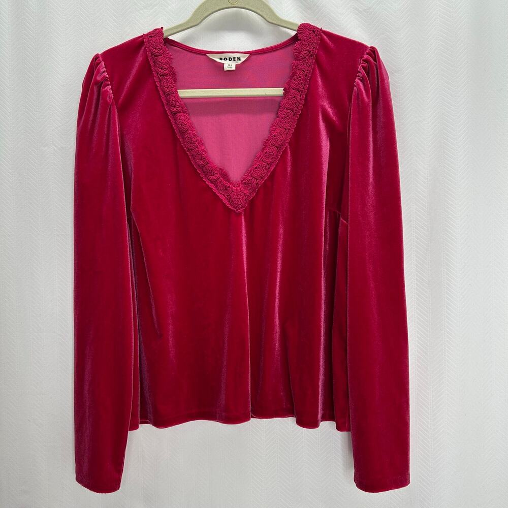 Boden dark pink velvet blouse 12 long sleeves Fall holiday